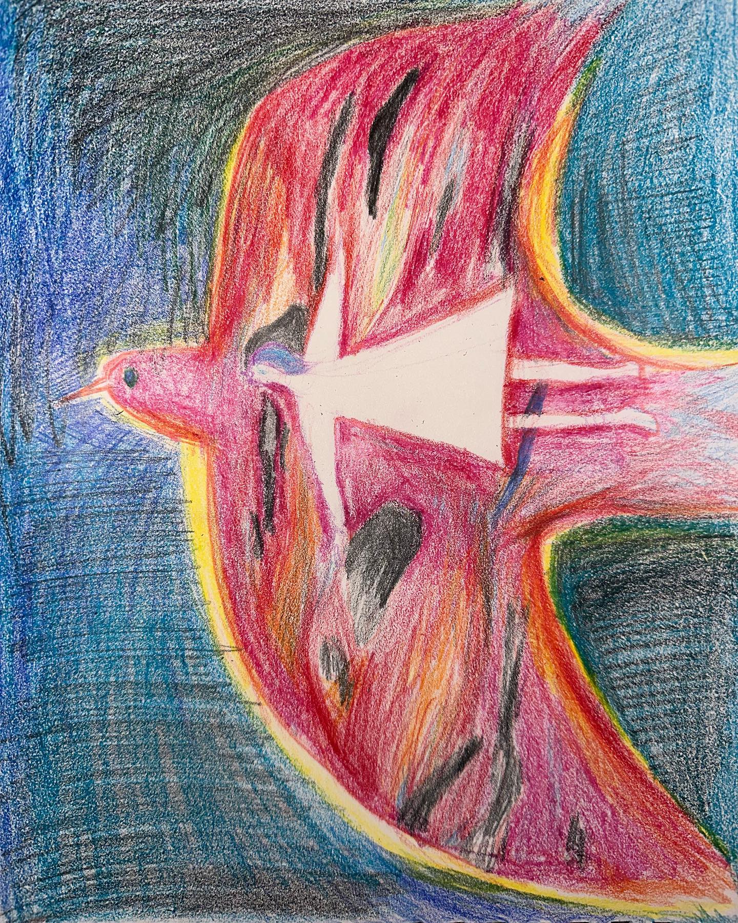 Red bird painting — crayon on paper
